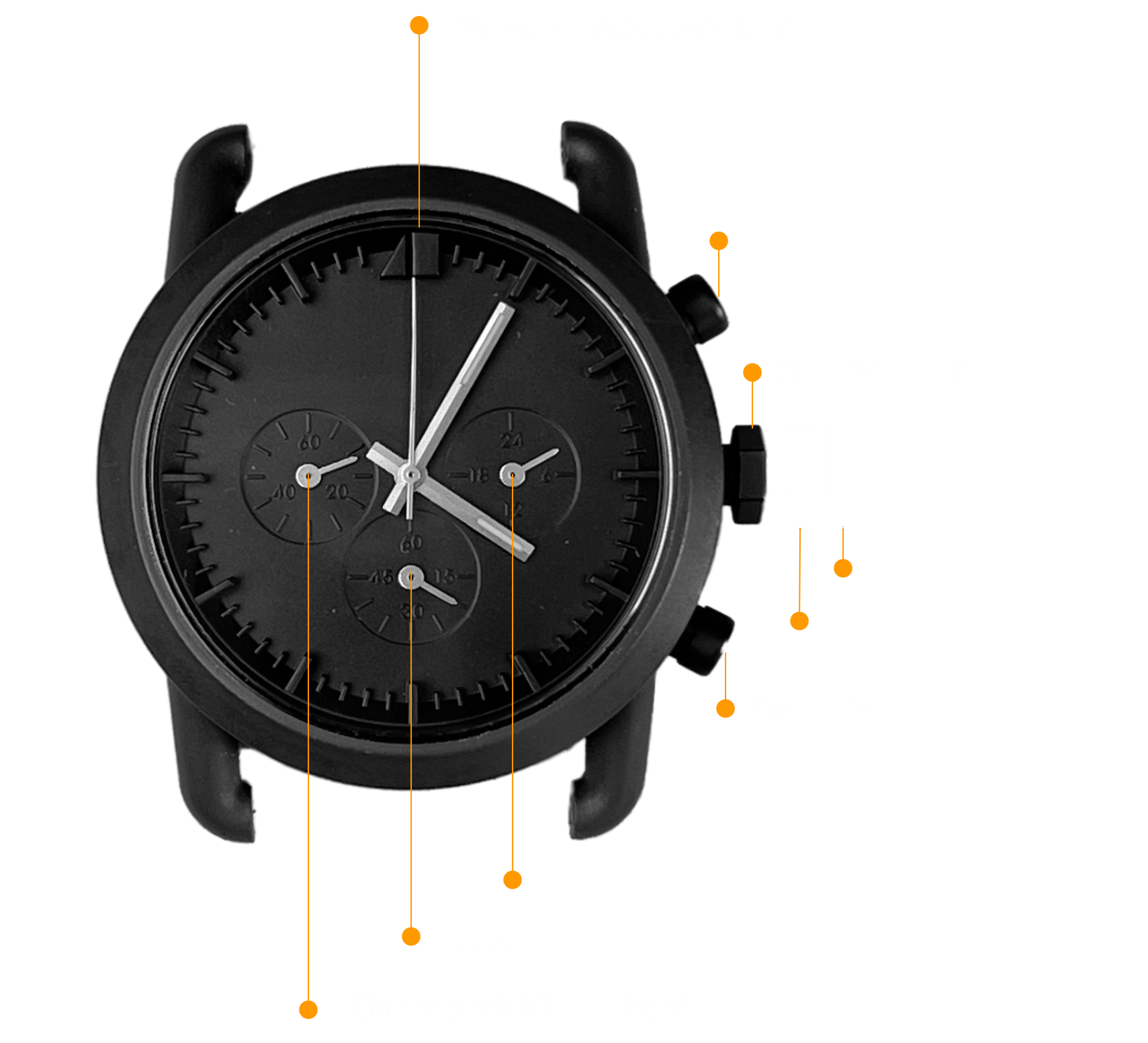 Black Angulo chronograph with its dial, sub-dials, crown and pushers marked
